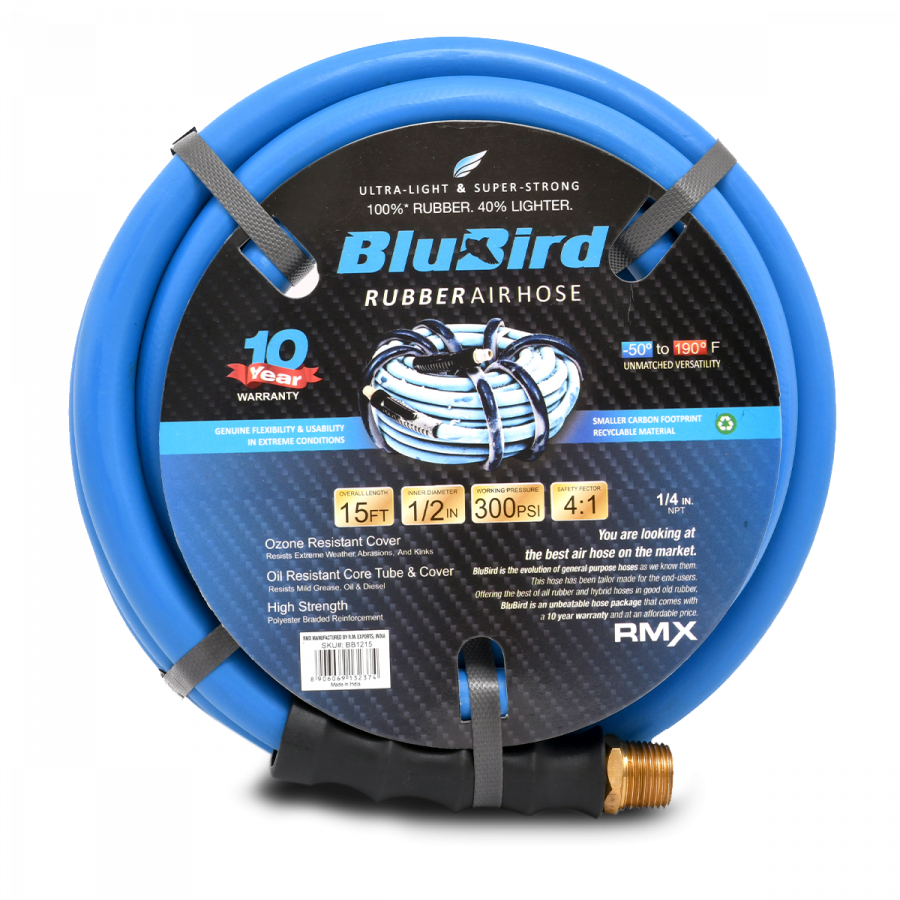 Blubird Rubber Air Hose 3/8 X 25' w/ 12pc Premium Air Hose Kit