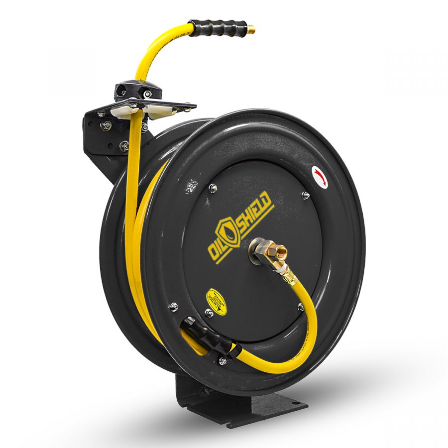 Air hose 3/8 in. x 50 ft. Retractable Hose Reel has a locking ratchet system